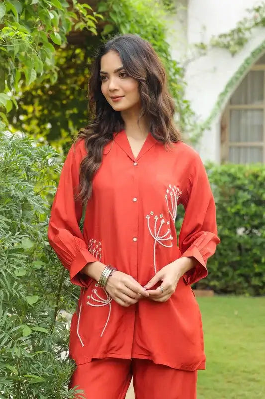 Rust Blossom Embroidered Russian Silk Co-ord Set