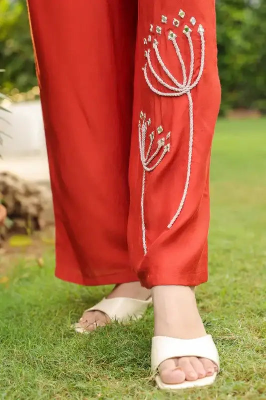 Rust Blossom Embroidered Russian Silk Co-ord Set