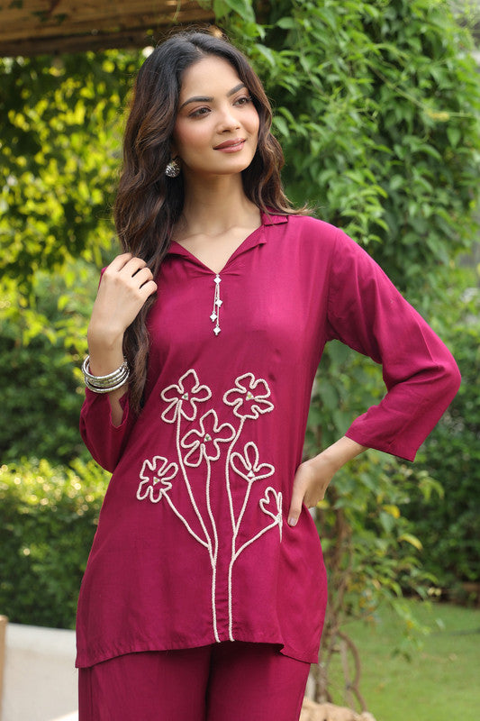 Elegant Wine Floral Embroidered Russian Silk Co-ord Set