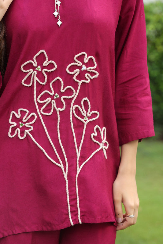 Elegant Wine Floral Embroidered Russian Silk Co-ord Set