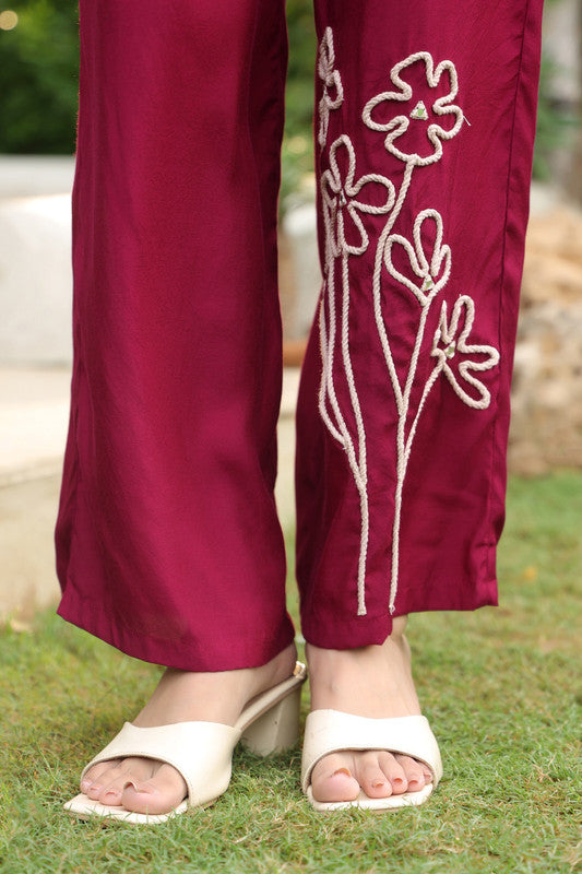 Elegant Wine Floral Embroidered Russian Silk Co-ord Set