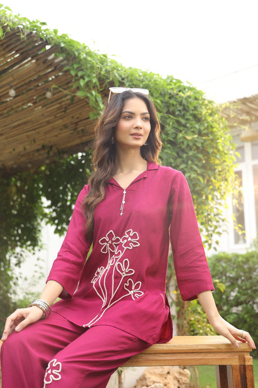 Elegant Wine Floral Embroidered Russian Silk Co-ord Set