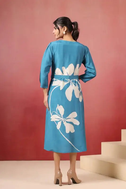Blue Floral Midi Dress Russian Silk with Tie-Up Belt