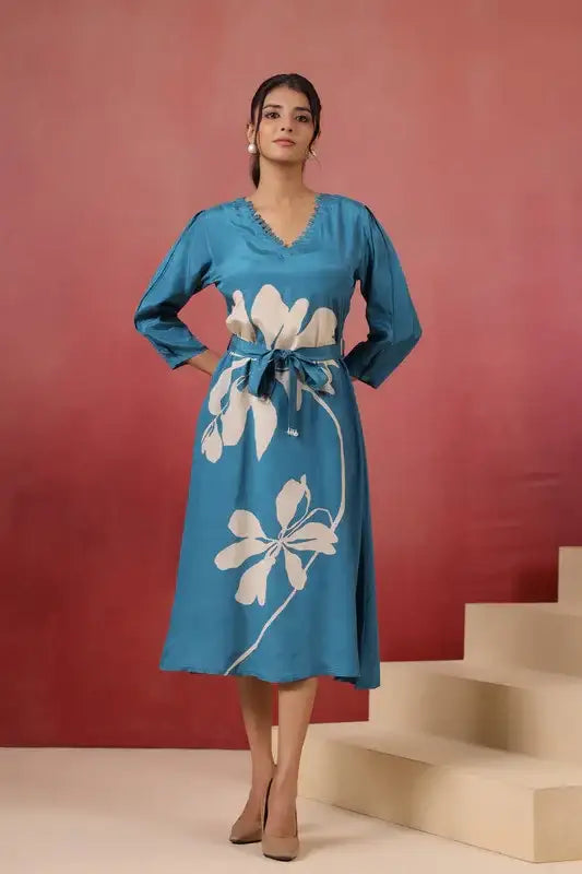 Blue Floral Midi Dress Russian Silk with Tie-Up Belt