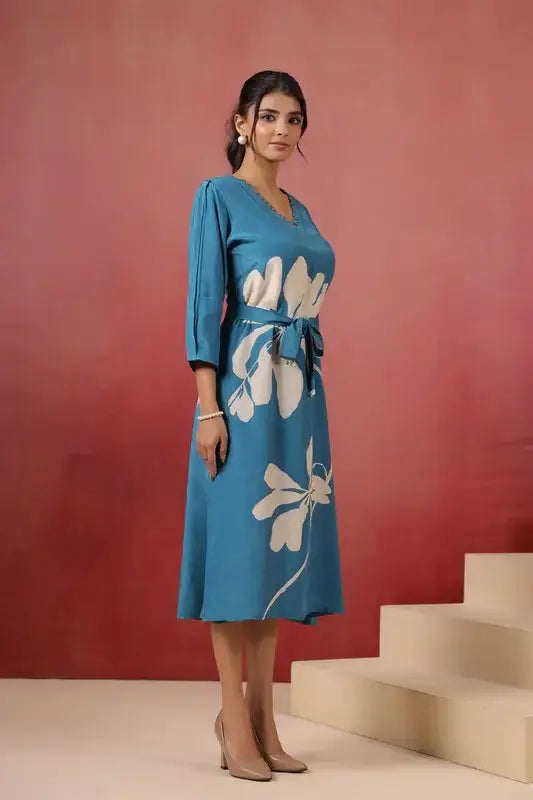 Blue Floral Midi Dress Russian Silk with Tie-Up Belt