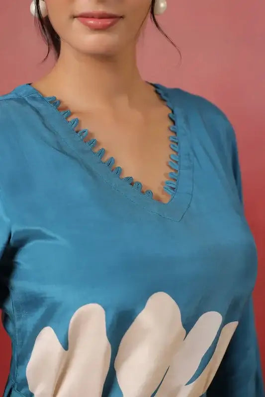 Blue Floral Midi Dress Russian Silk with Tie-Up Belt