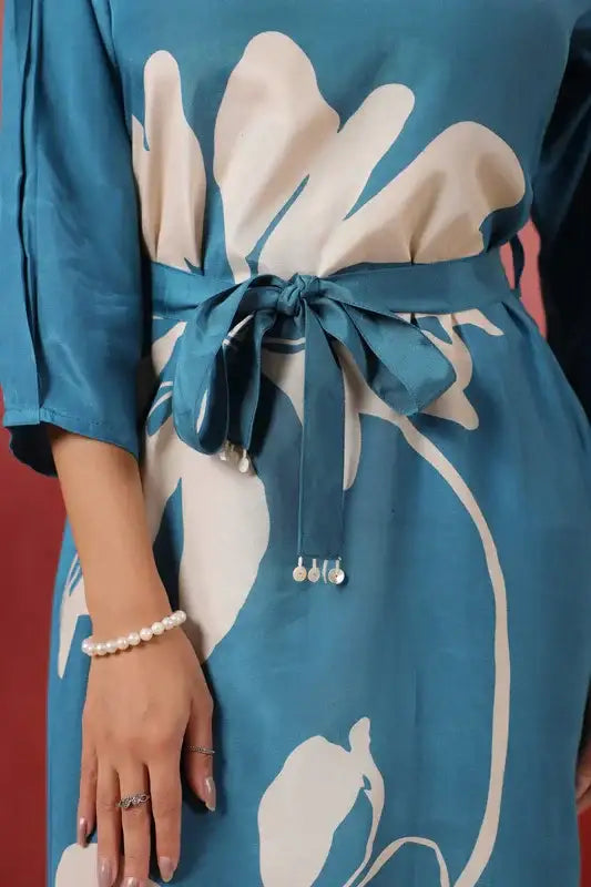 Blue Floral Midi Dress Russian Silk with Tie-Up Belt