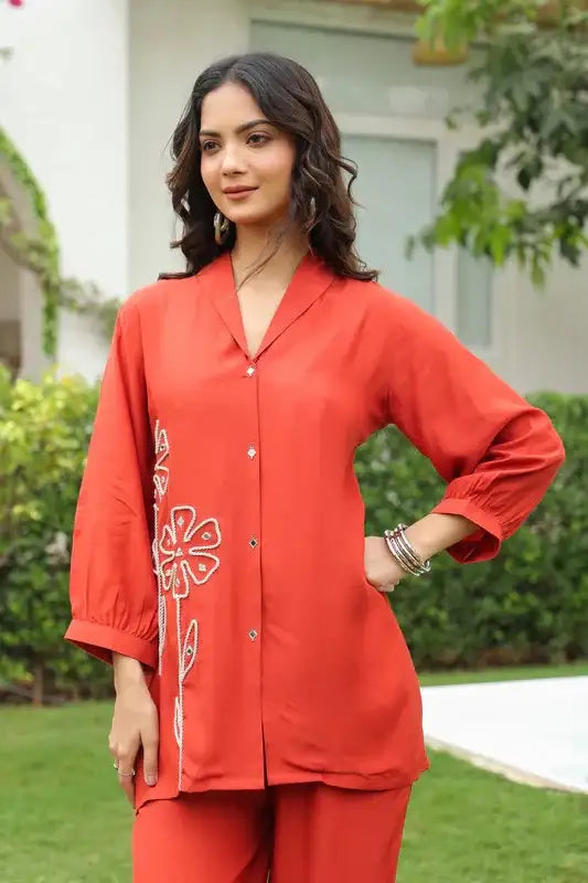 Rusty Bloom Embroidered Russian Silk Co-ord Set