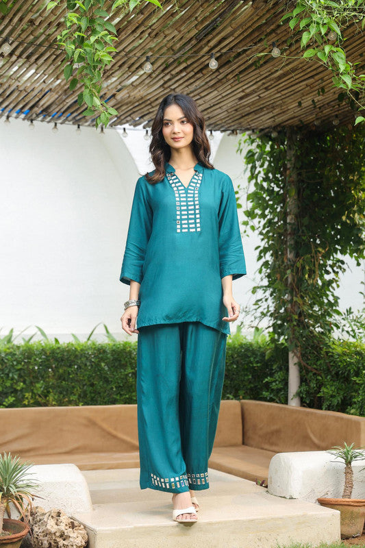 Elegant Teal Handcrafted Mirror-Work Russian Silk Co-ord Set