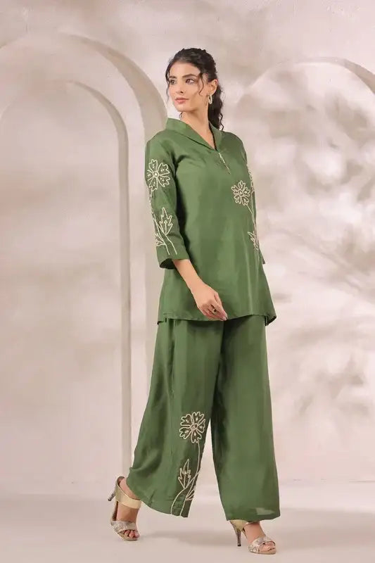 Olive Green Floral Embroidered Russian Silk Co-ord Set