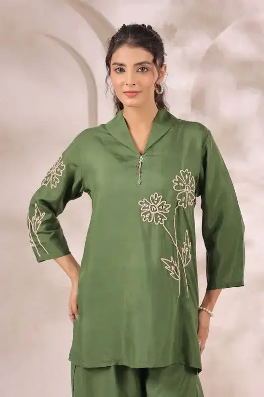Olive Green Floral Embroidered Russian Silk Co-ord Set