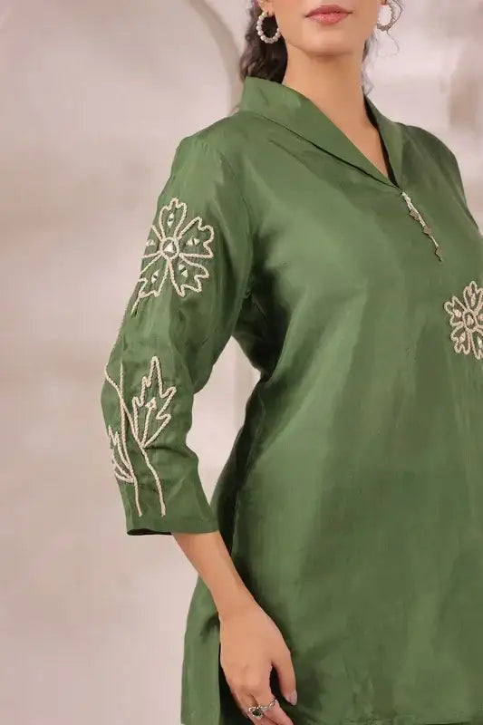 Olive Green Floral Embroidered Russian Silk Co-ord Set