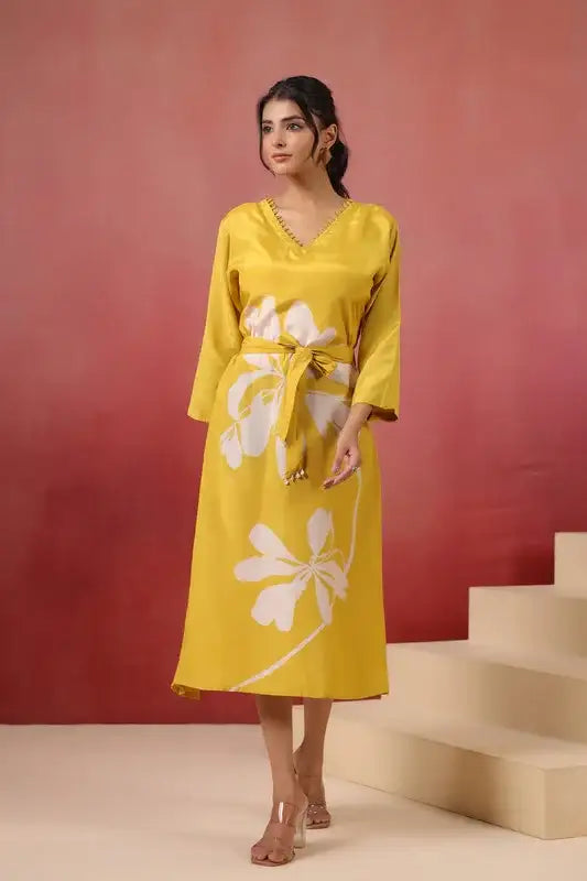 Yellow Floral Russian Silk Midi Dress