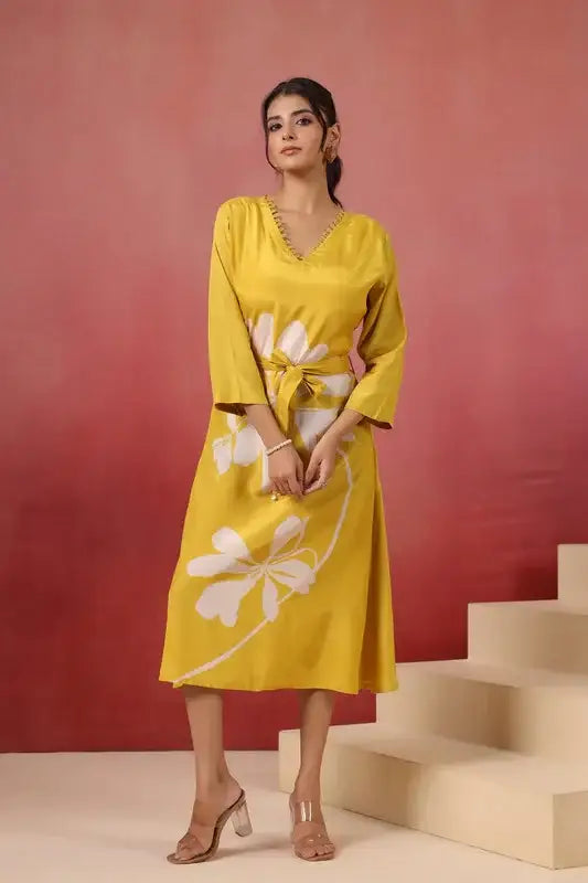 Yellow Floral Russian Silk Midi Dress