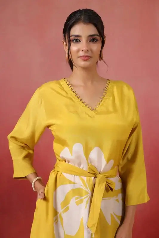 Yellow Floral Midi Dress RussianSilk with Belted Waist