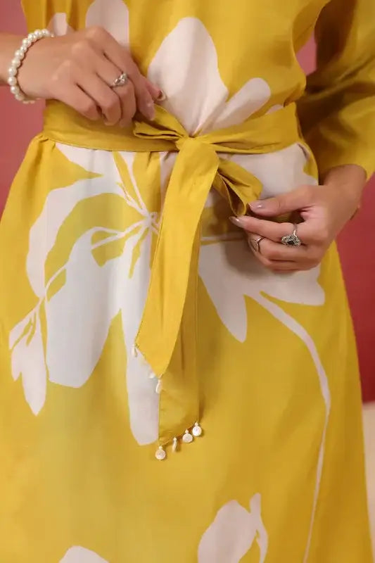 Yellow Floral Midi Dress RussianSilk with Belted Waist