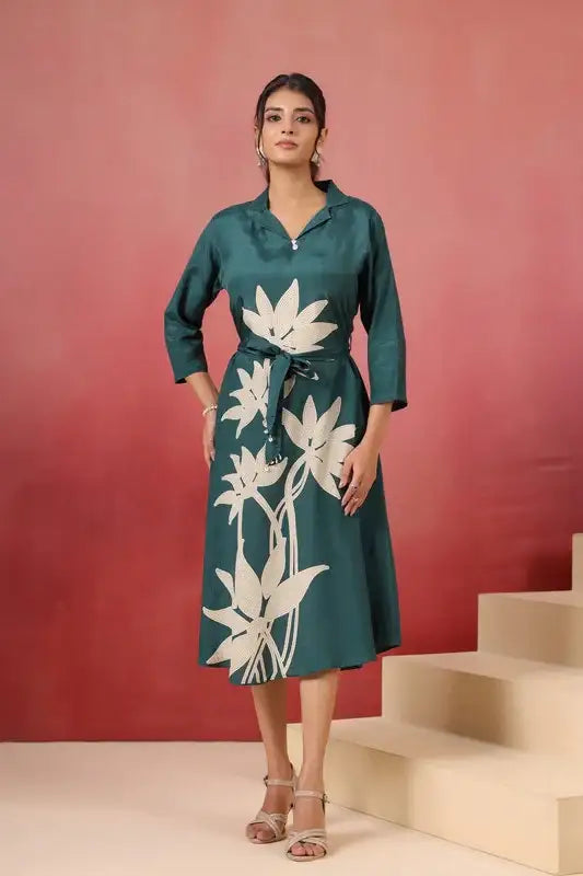 Green Floral Midi Russian Silk Dress with Tie-Up Belt