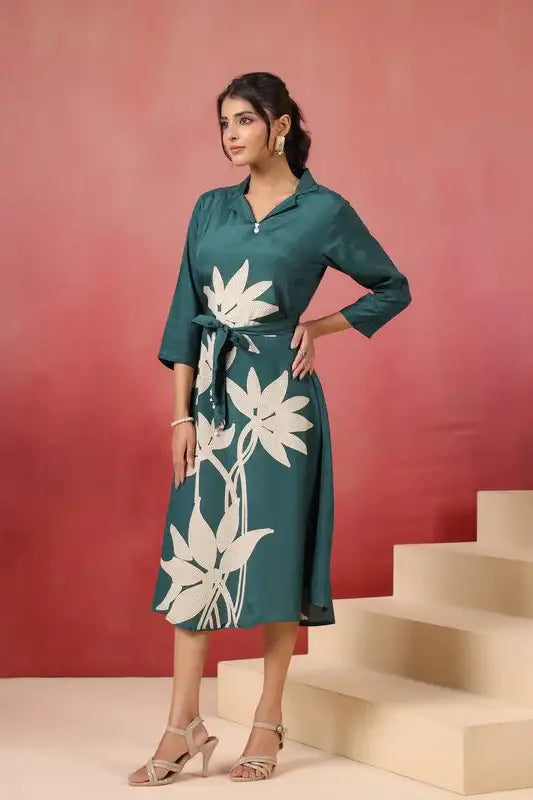 Green Floral Midi Russian Silk Dress with Tie-Up Belt