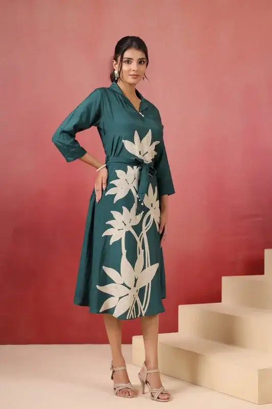 Green Floral Midi Russian Silk Dress with Tie-Up Belt