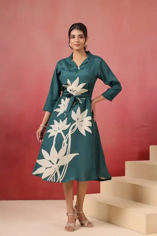 Green Floral Midi Russian Silk Dress with Tie-Up Belt