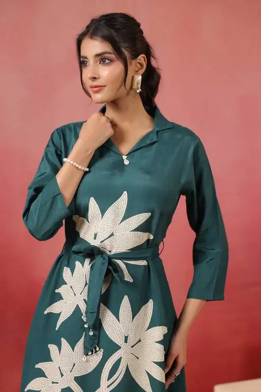 Green Floral Midi Russian Silk Dress with Tie-Up Belt