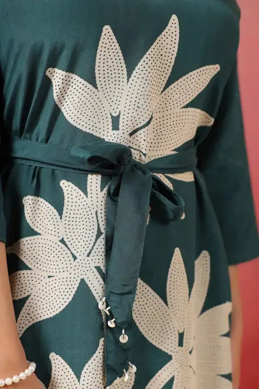 Green Floral Midi Russian Silk Dress with Tie-Up Belt