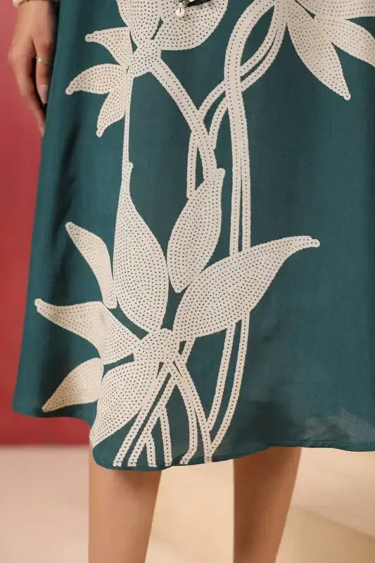 Green Floral Midi Russian Silk Dress with Tie-Up Belt