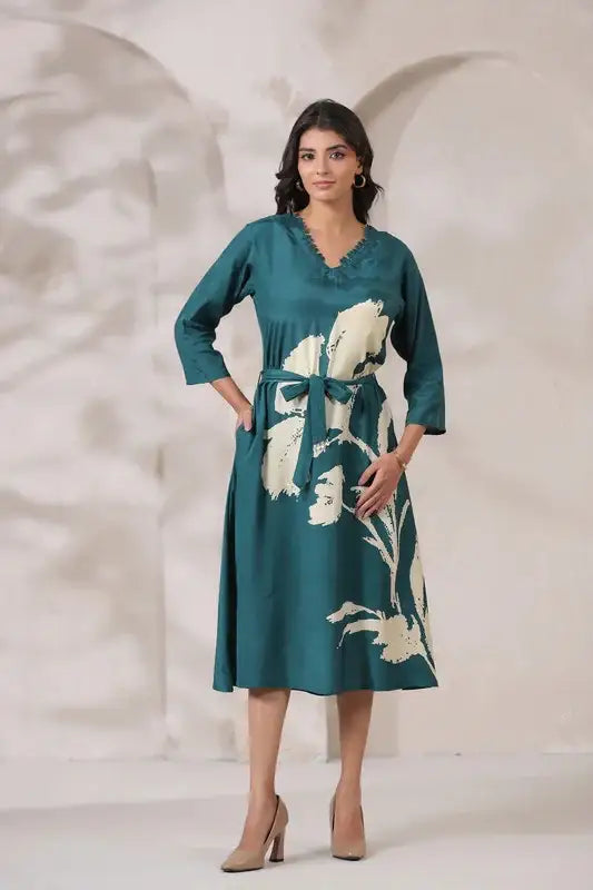 Teal Floral Midi Russian Silk Dress with Tie-Up Belt