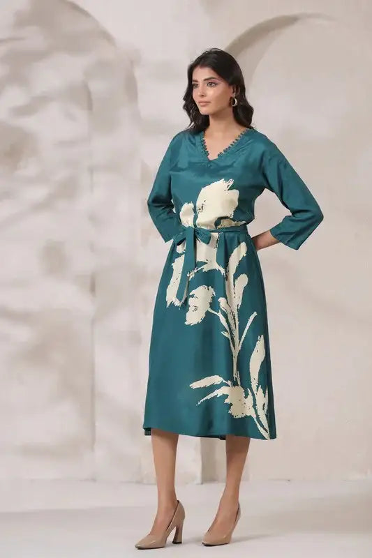 Teal Floral Midi Russian Silk Dress with Tie-Up Belt