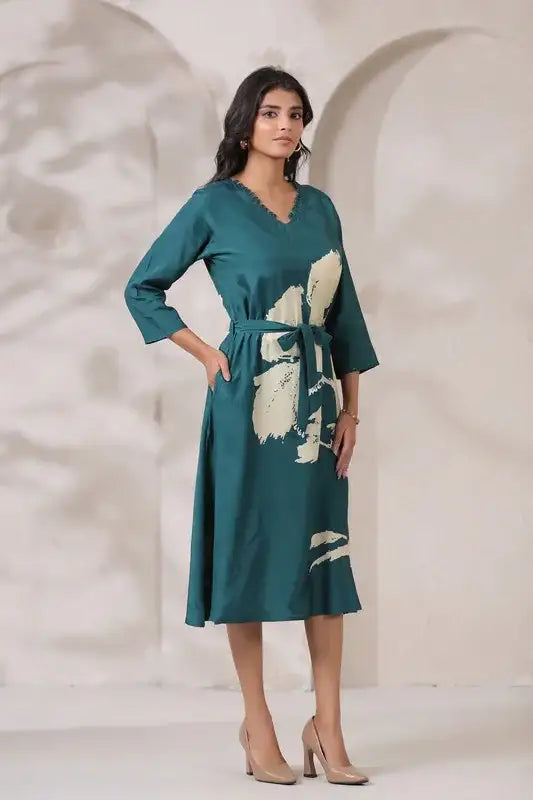 Teal Floral Midi Russian Silk Dress with Tie-Up Belt