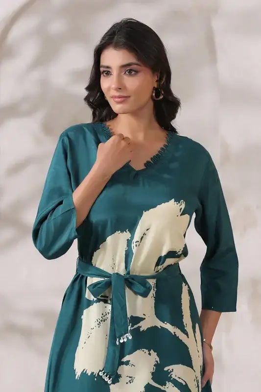 Teal Floral Midi Russian Silk Dress with Tie-Up Belt