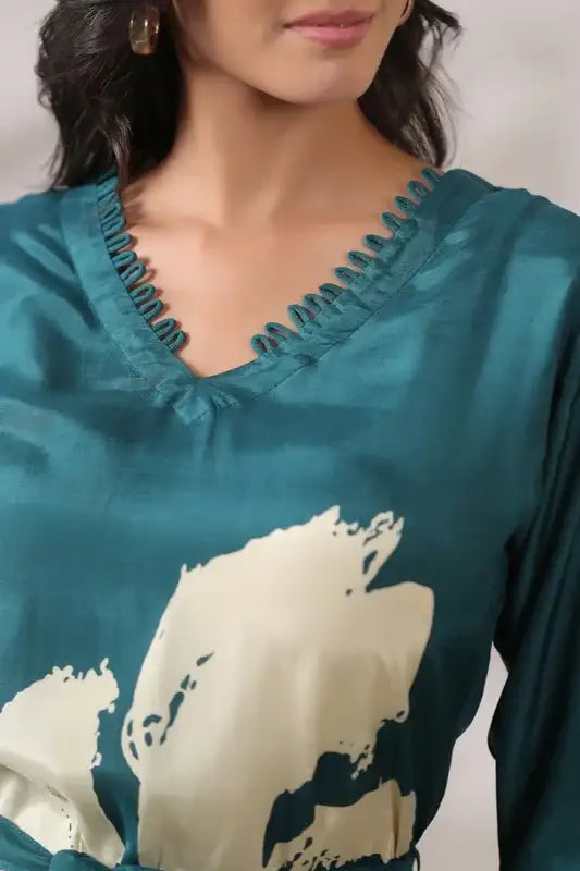 Teal Floral Midi Russian Silk Dress with Tie-Up Belt