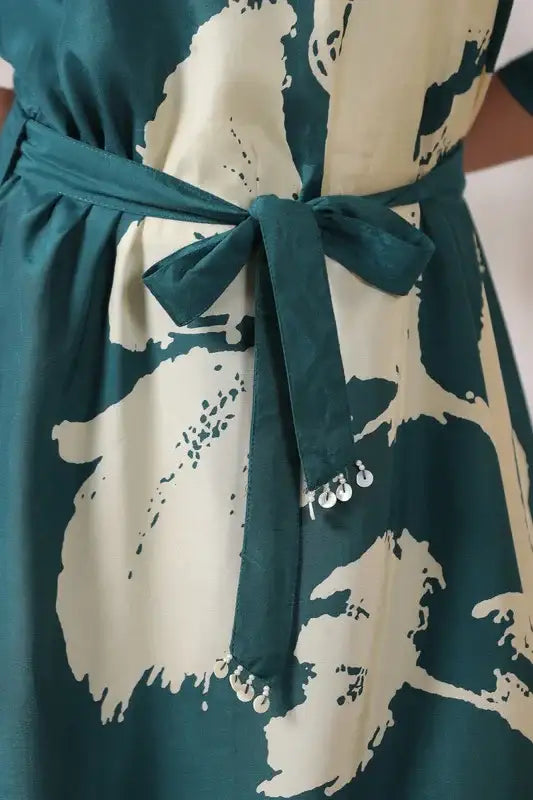 Teal Floral Midi Russian Silk Dress with Tie-Up Belt