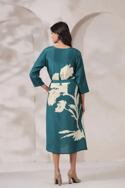Teal Floral Midi Russian Silk Dress with Tie-Up Belt