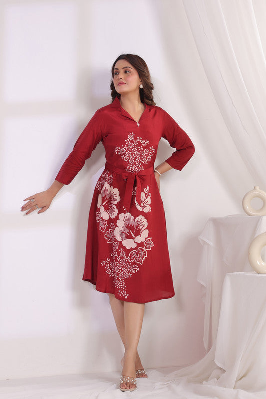 Red Floral Midi Dress Russian Silk with Belted Waist