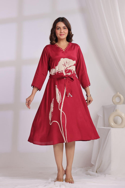Red Floral Printed Russian Silk Midi Dress with Belt