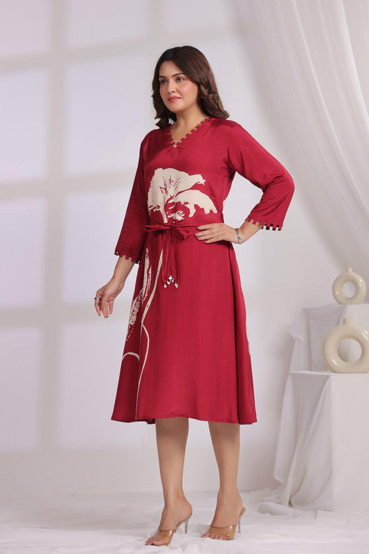 Red Floral Printed Russian Silk Midi Dress with Belt