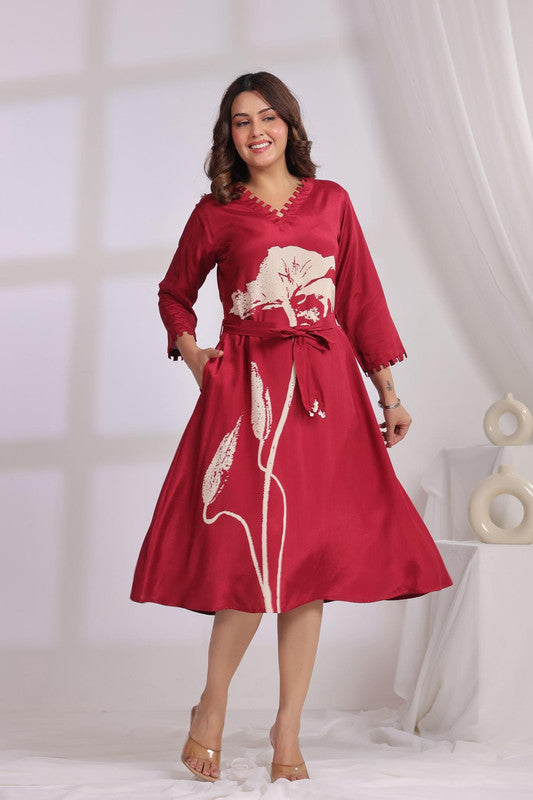 Red Floral Printed Russian Silk Midi Dress with Belt