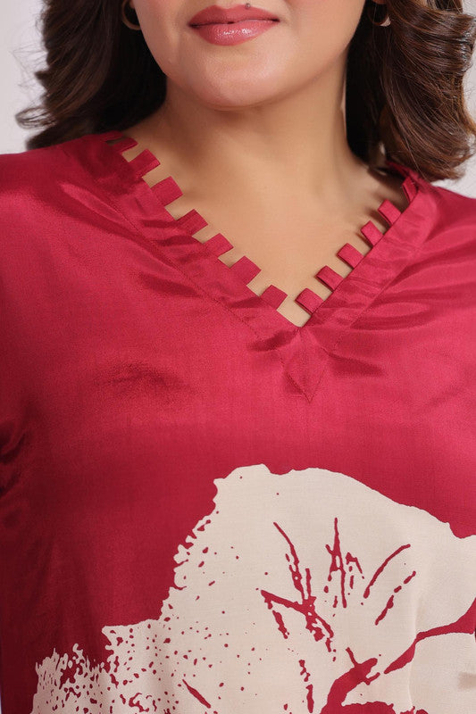 Red Floral Printed Russian Silk Midi Dress with Belt