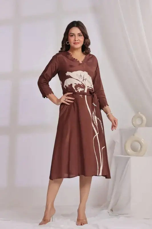 Brown Floral Midi Dress Russian Silk with Belted Waist