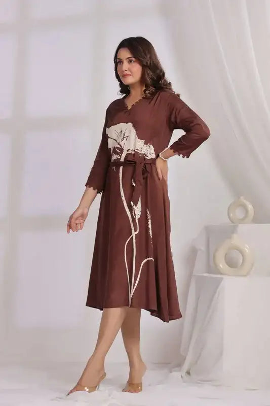 Brown Floral Russian Silk Midi Dress