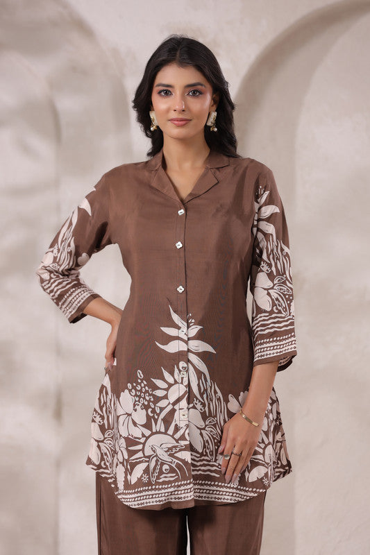 Mocha Botanical Printed Russian Silk Co-ord Set
