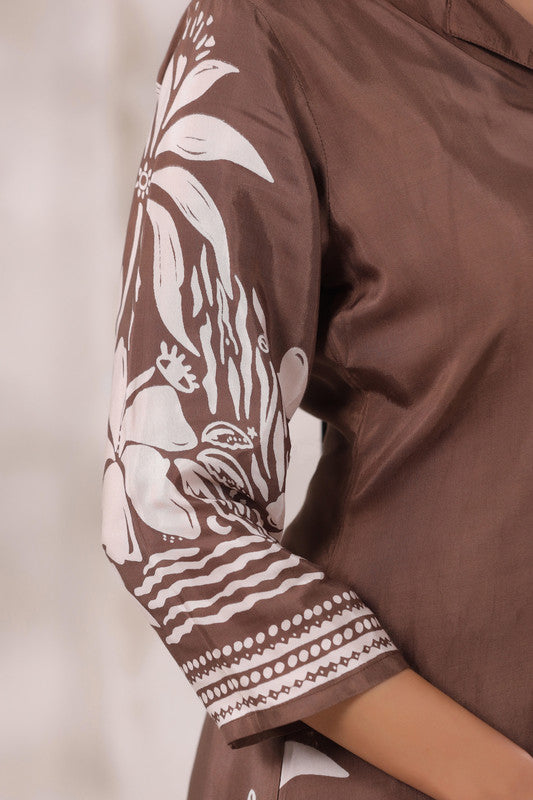 Mocha Botanical Printed Russian Silk Co-ord Set