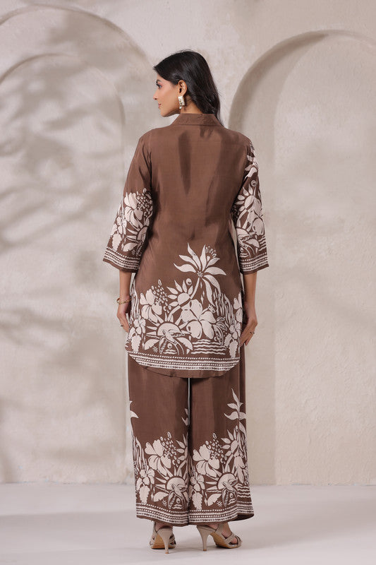 Mocha Botanical Printed Russian Silk Co-ord Set