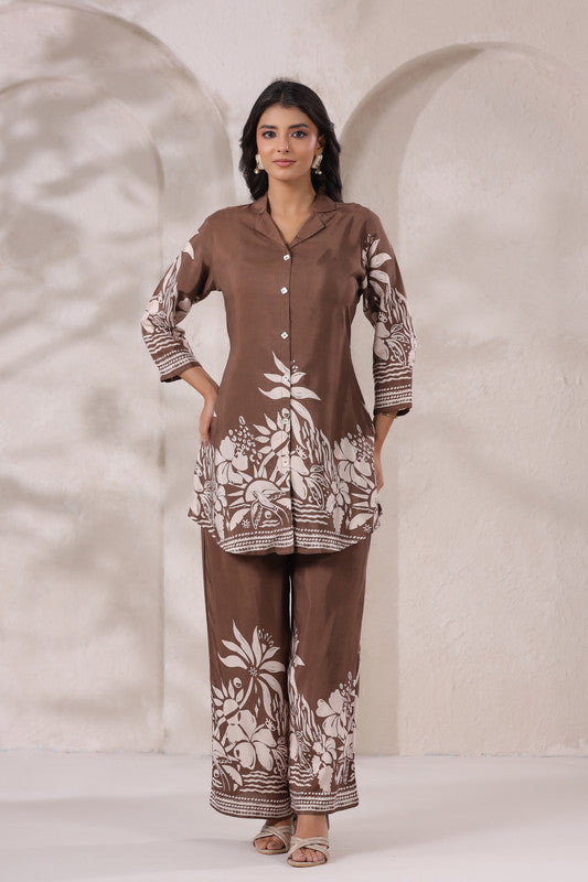 Mocha Botanical Printed Russian Silk Co-ord Set