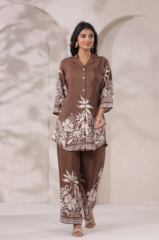 Coffee Brown Botanical Printed Russian Silk Co-Ord Set