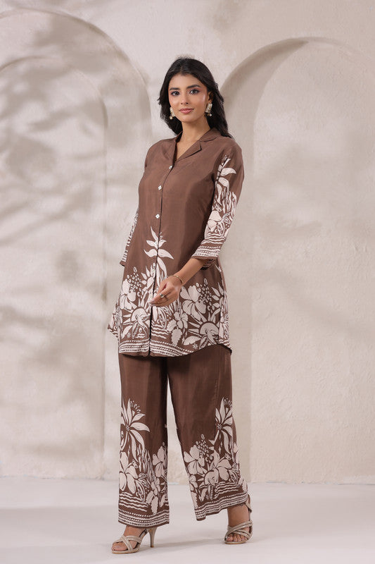 Mocha Botanical Printed Russian Silk Co-ord Set