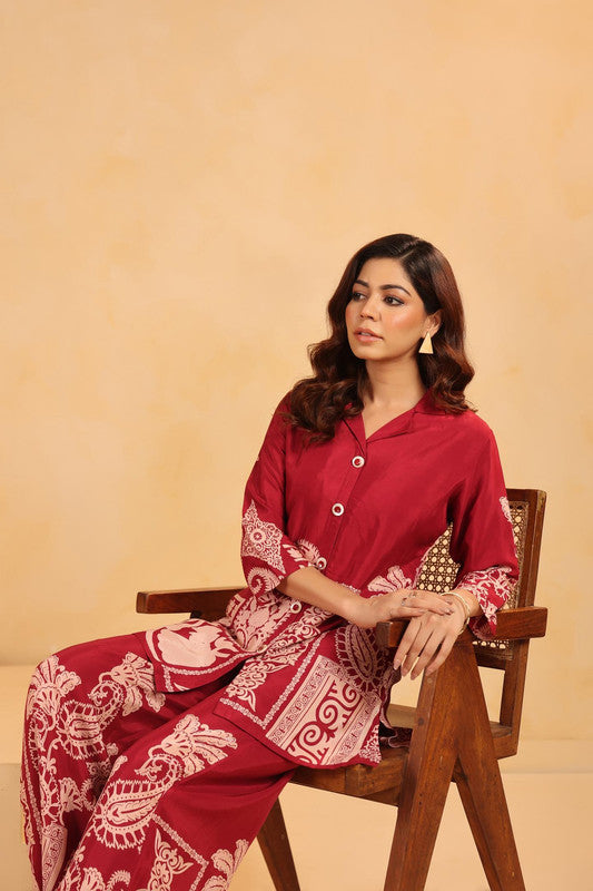 Bohemian Paisley in Maroon Printed Russian Silk Co-ord Set