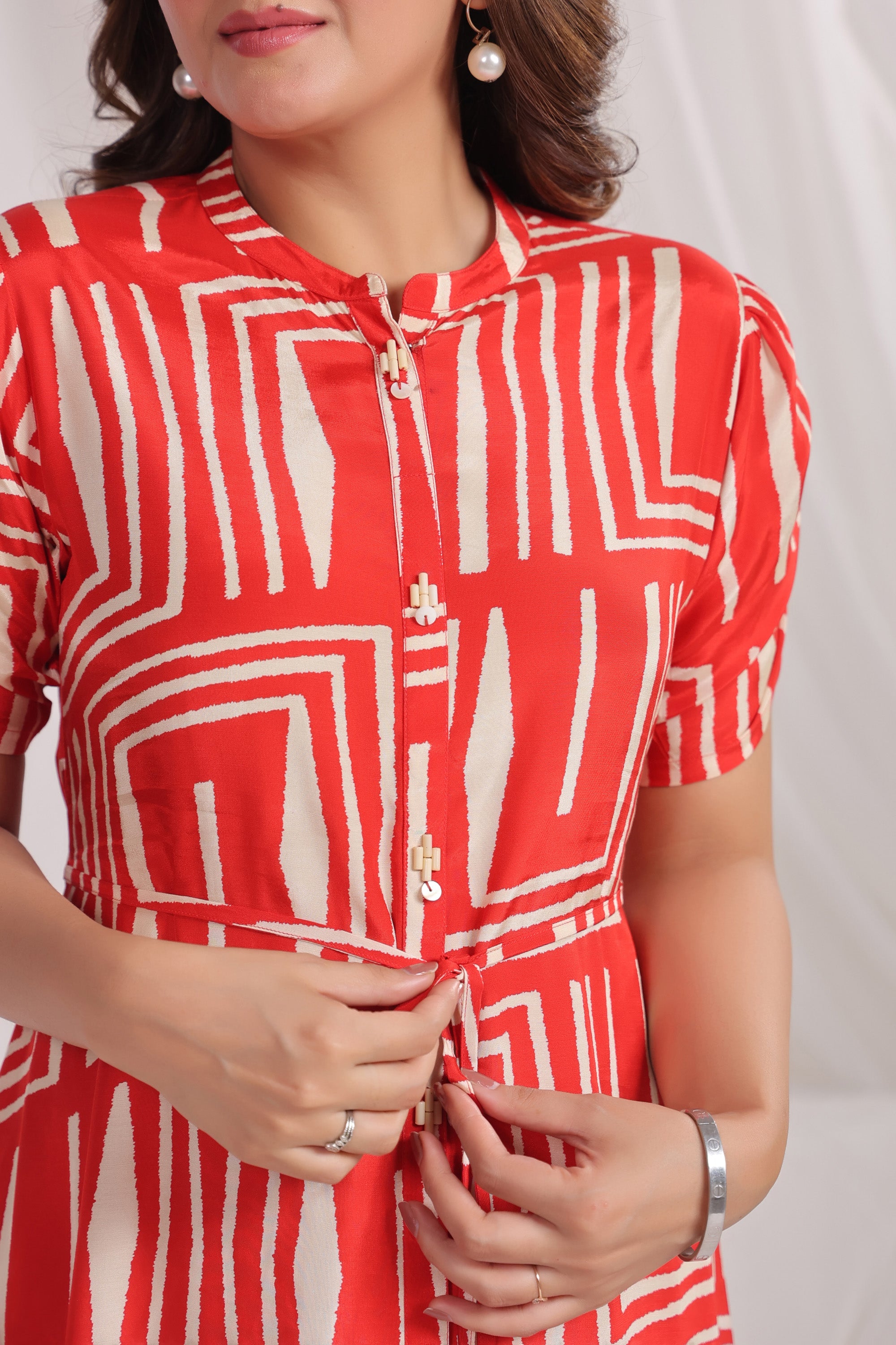 Contemporary Red Graphic Pattern Russian Silk Shirt Dress