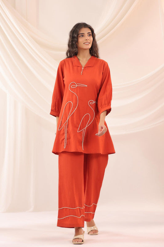 Rust Red Crane Embroidered Cotton Co-ord Set